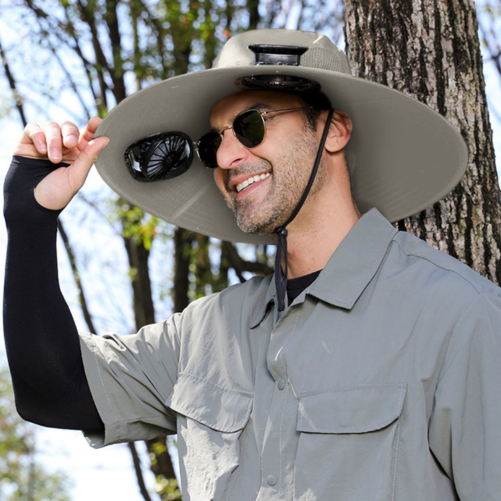 TaleMode ProCool cooling sun hat in khaki beige color - flat lay product photography showing dual fan design