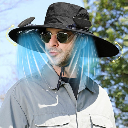 Professional man wearing TaleMode ProCool dual fan cooling sun hat with visible airflow effect in outdoor setting - solar powered hat for men